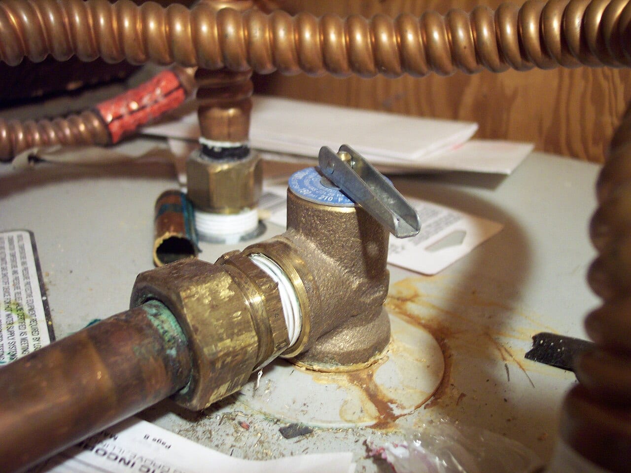 Temperature and pressure relief valve on a water heater